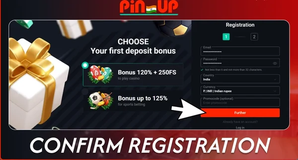 Pin Up registration confirmation step